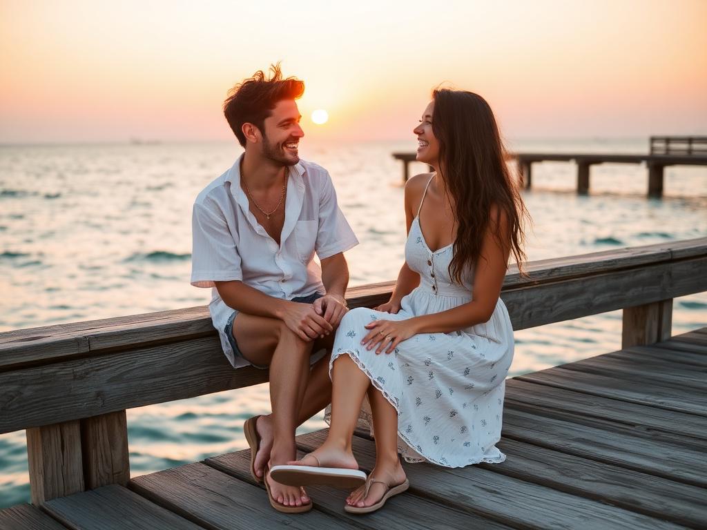 Two close friends laughing together on a wooden pier at sunset