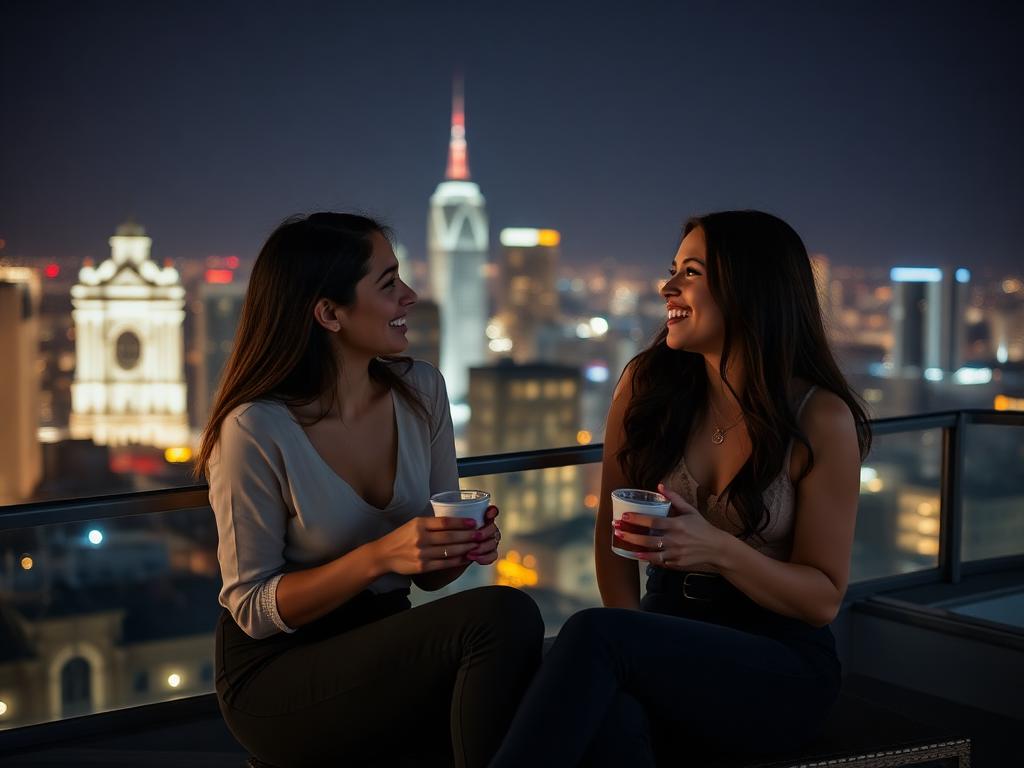 Two friends talking on a city rooftop at night with tea in their hands