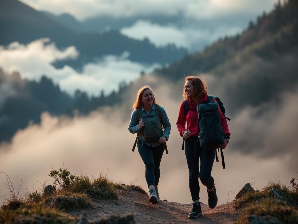 Two friends hiking a misty mountain trail at dawn