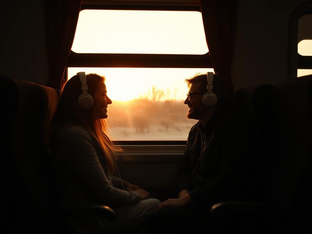 Two friends sharing headphones by a train window at sunset